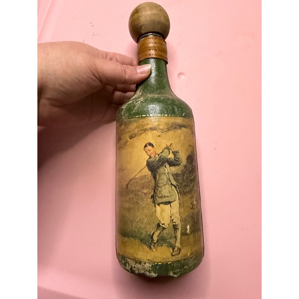 Vintage Leather Wrapped Golf Decanter Glass Bottle Green Golfer Barware Decor